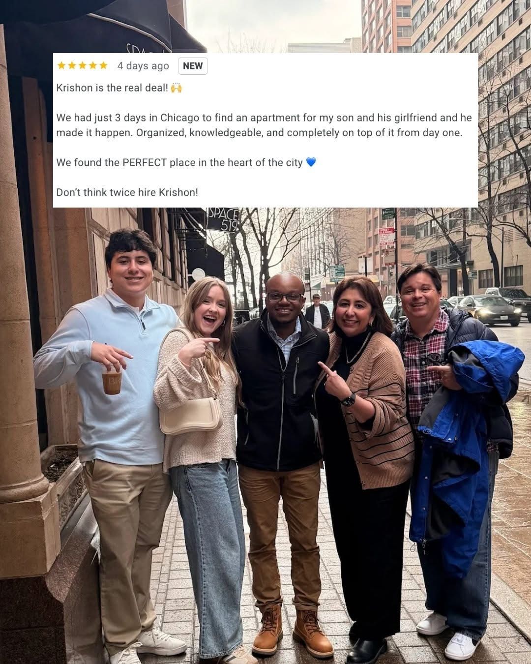 Krishon with a family he helped find an apartment in Chicago, with their five-star review